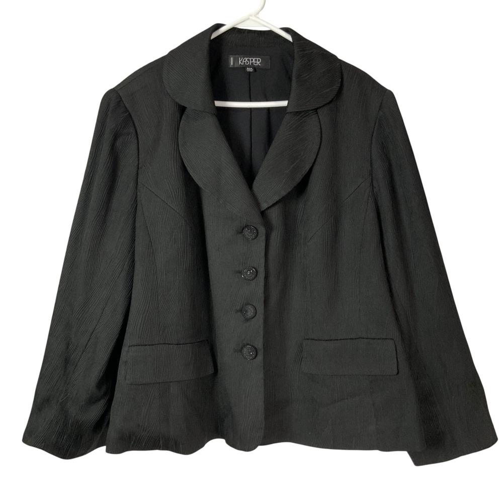Kasper Woman Black Textured Blazer 24W Button Front Curved Lapel Long Sleeve